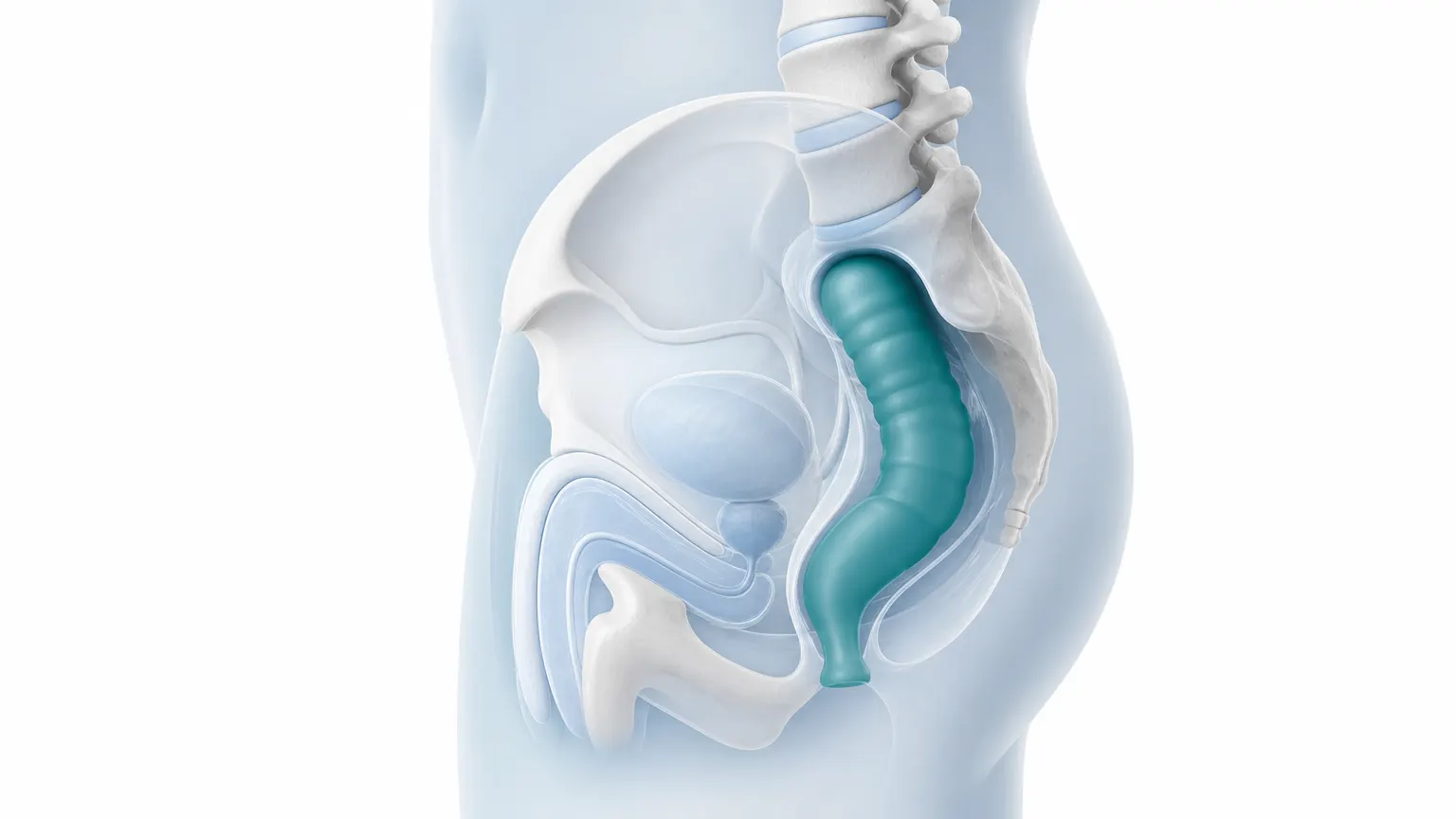 Illustration of the pelvis with the rectum highlighted