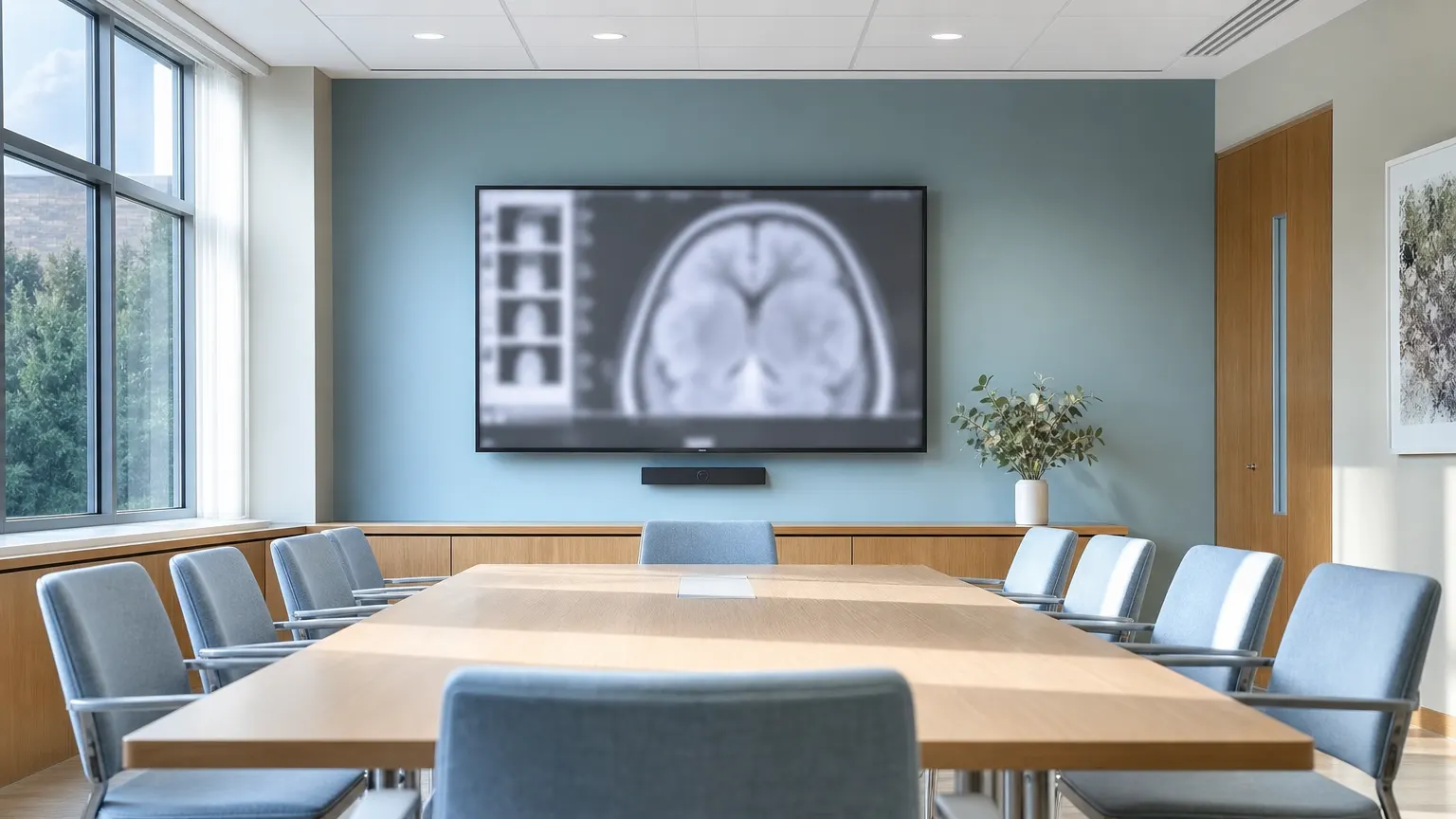A hospital meeting room with a large wall screen