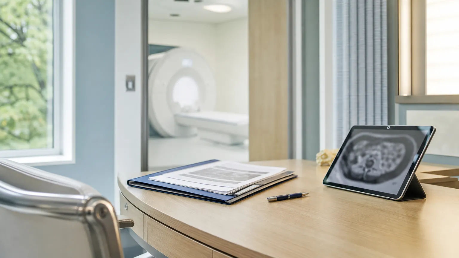 A desk with a folder of scan reports and a tablet