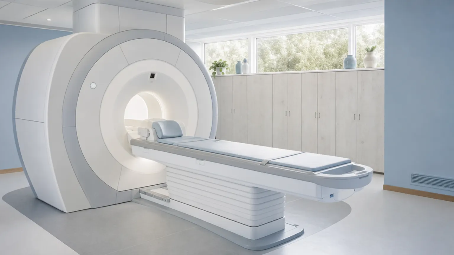 A radiotherapy treatment room with a ring-shaped MR-Linac machine and a treatment couch